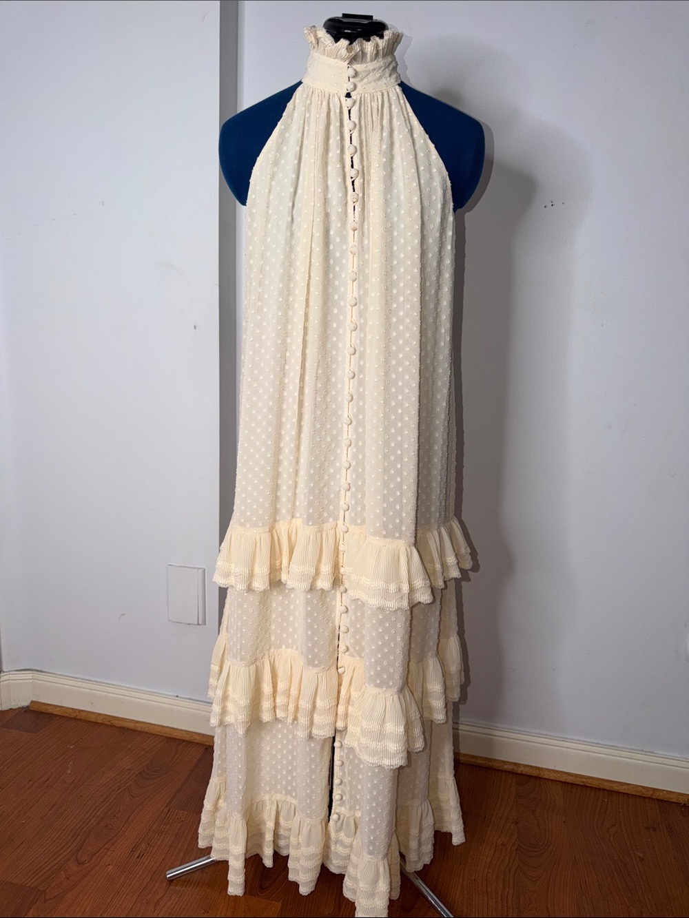 Zimmermann Cream Swiss Dot High-Neck Halter Dress
